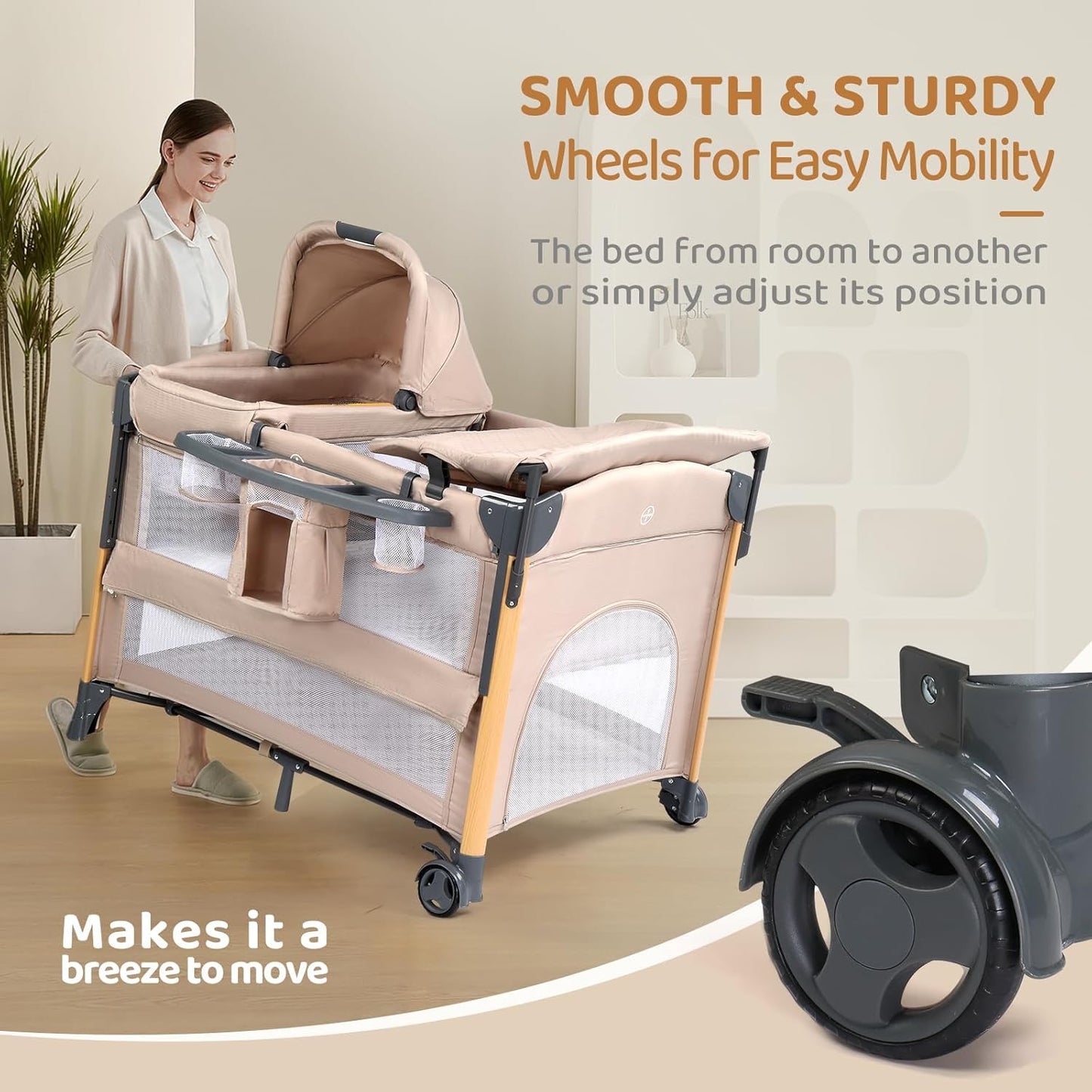 JOYMOR 7 in 1 Bedside Bassinet with Changing Table, All in One Nursery Center, Bedside Sleeper with Mattress, Sheet, Canopy, Storage Shelf,Gray