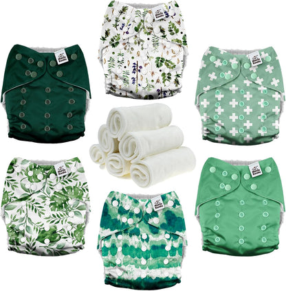 Mama Koala 3.0 Pocket Cloth Diapers for Babies with AWJ Lining, 6 Pack with 6 4-Layer Natural Cloth Diaper Inserts - Reusable and Washable Pocket Diapers(Hardworking Bees) - Colors B