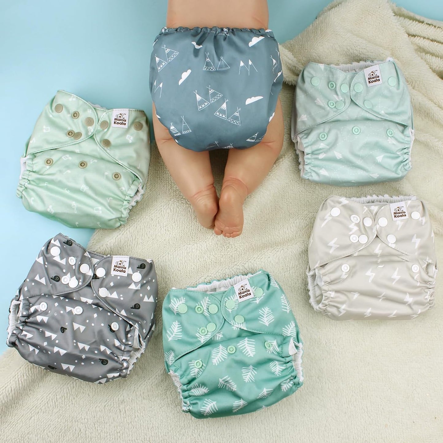 Mama Koala 3.0 Pocket Cloth Diapers for Babies with AWJ Lining, 6 Pack with 6 4-Layer Natural Cloth Diaper Inserts - Reusable and Washable Pocket Diapers(Hardworking Bees) - Colors B