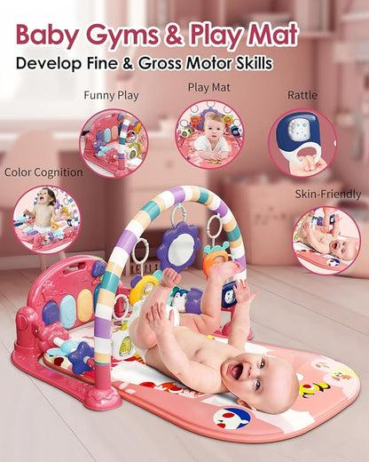 dearlomum Baby Play Mat Gym, Funny Play Piano Tummy Time Activity Mat with 5 Infant Sensory Toys, Music and Lights, Boy & Girl Gifts for Newborns 0 to 3 6 9 12 Months (Pink)