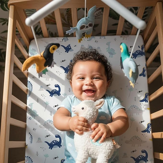 Plushii Crib Sheets for Baby Boys 3 Pack, 28"x 52" Extra Soft Microfiber Crib Sheet Set for Baby Crib Mattress Sheet & Toddler Mattress Pad, Dinosaur & Elephant & Stars