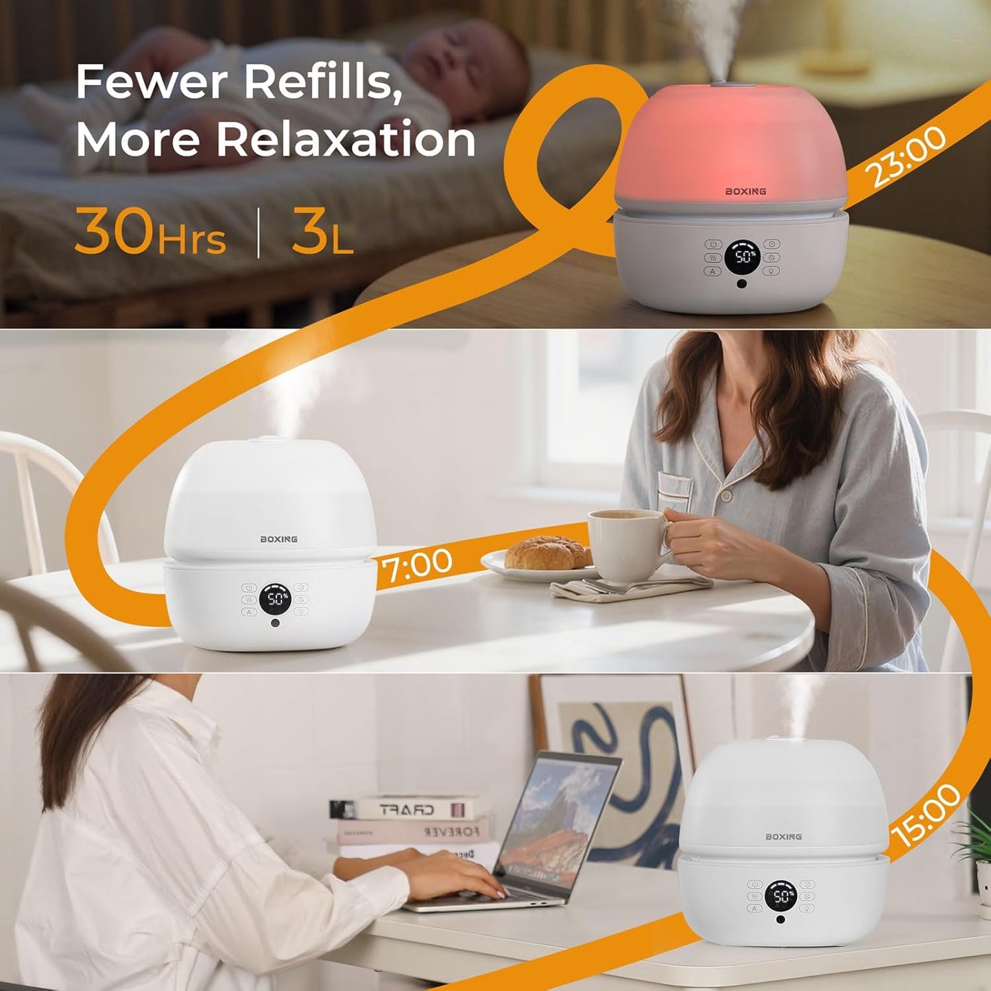 BOXING 3L Cool Mist Humidifier, Ultra Quiet 20dB for Bedroom, Baby & Office, Top Fill Air Humidifier for Home Office & Indoor Plants, 30H Runtime, Essential Oil Tray, Night Light, BPA-Free, White
