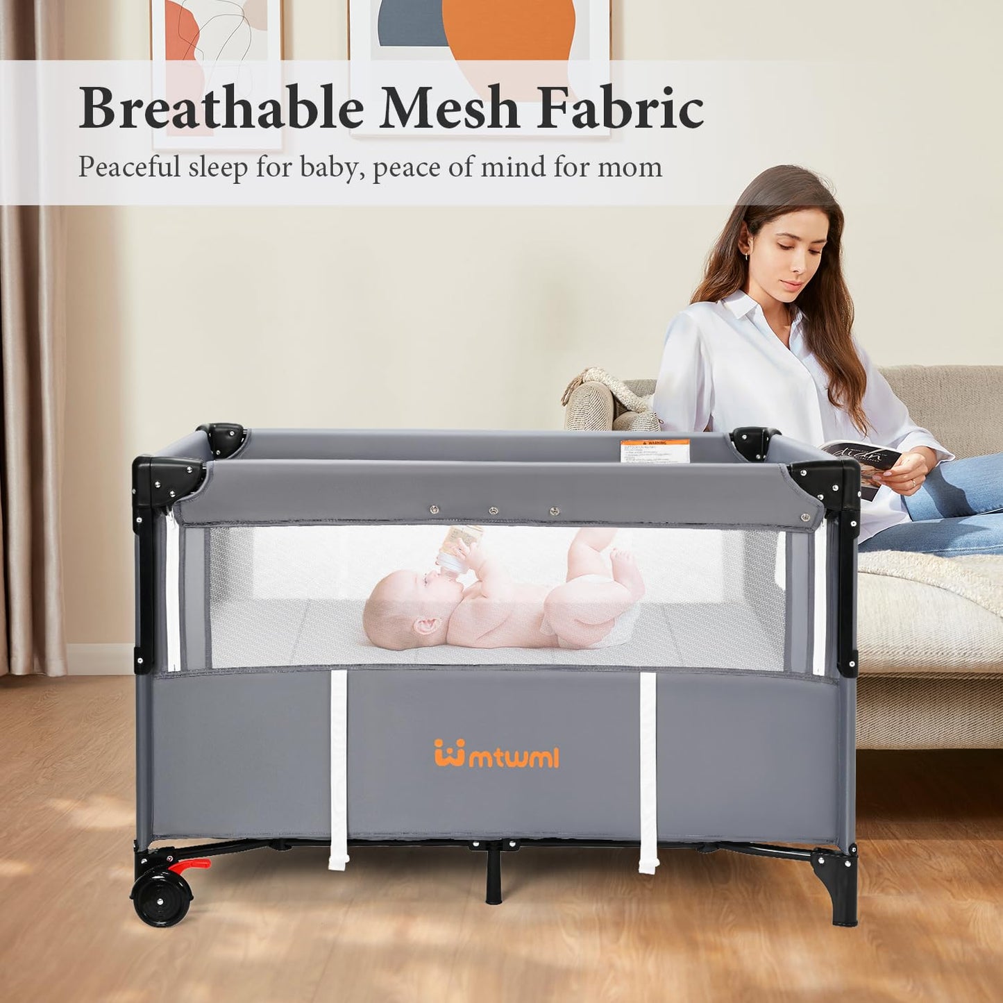 MTWML Portable Baby Bassinet,2 in1 Baby Playard and Bedside Crib with Wheel,1-Second Setup Foldable Playpen and Nursery Center with Travel Bag for Home or Travel Newborn to Toddler(Deep Grey)