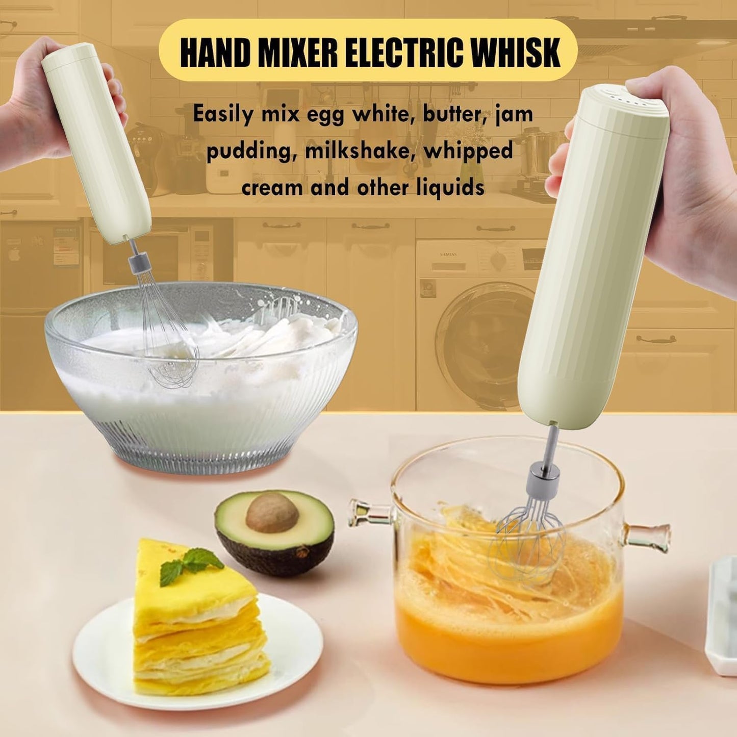 Hand Mixer with Whisk and Forther Wand,Electric Whisk, Milk Frother, Hand Held Mixers,Cordless Hand Mixer, Whisks for Cooking, Mini Mixer,Stirrers Electric,Food Chopper, Baby Food Maker,4-Speed, 10Oz