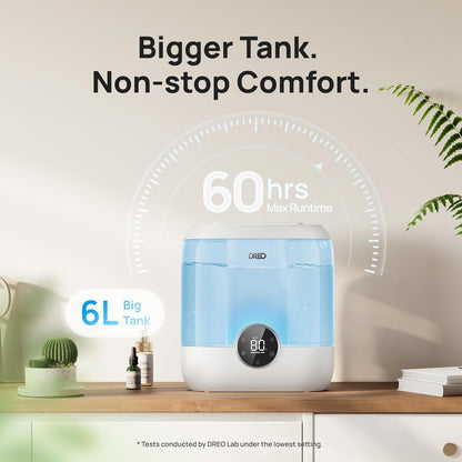 DREO Humidifiers for Bedroom, 6L Easy to Fill & Clean, 60H Runtime for Large room, 28 dB Quiet Cool Mist Air Humidifier for Plant, Baby Nursery, Home, Indoor, Night Light, Precise Humidity Control