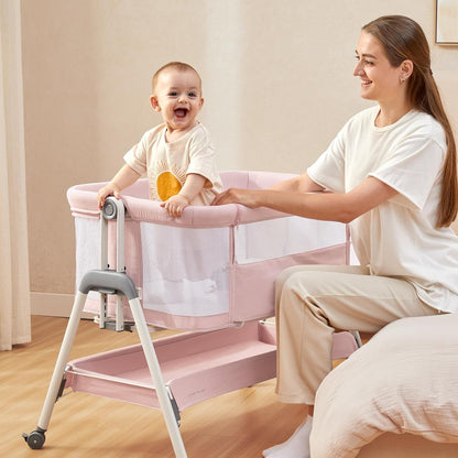 ANGELBLISS Baby Bassinet Bedside Sleeper, Easy Folding Portable Bassinet for Baby with Wheels, Adjustable Height, Included Mattress (Beige)