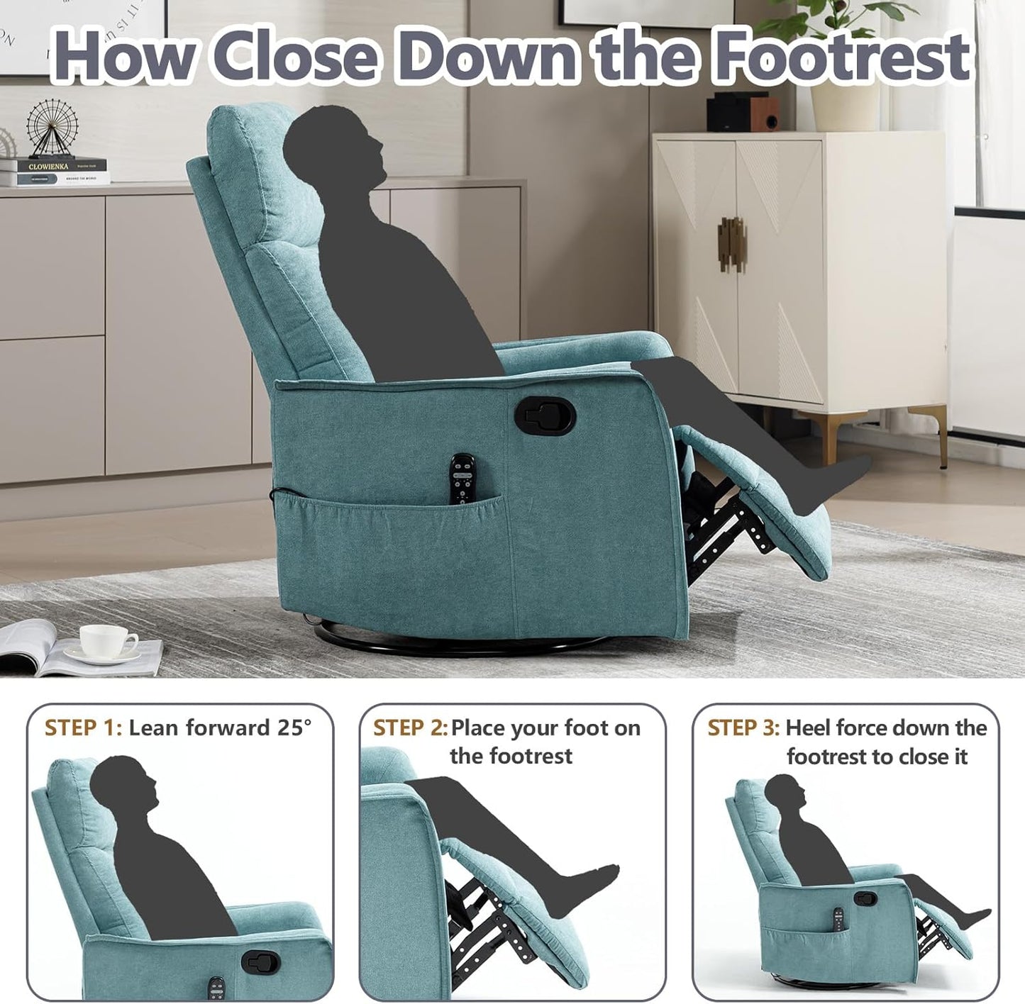 Massage Chair Recliner with Heat, Swivel Rocking Chair Recliner with High Back, Manual Nursery Recliners for Adults,Small Recliner Chair for Small Spaces, Living Room Bedroom, Fabric (Blue Green)