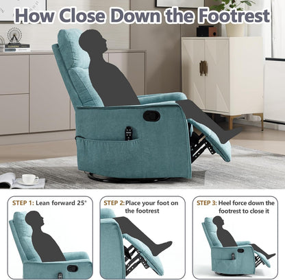 Massage Chair Recliner with Heat, Swivel Rocking Chair Recliner with High Back, Manual Nursery Recliners for Adults,Small Recliner Chair for Small Spaces, Living Room Bedroom, Fabric (Blue Green)