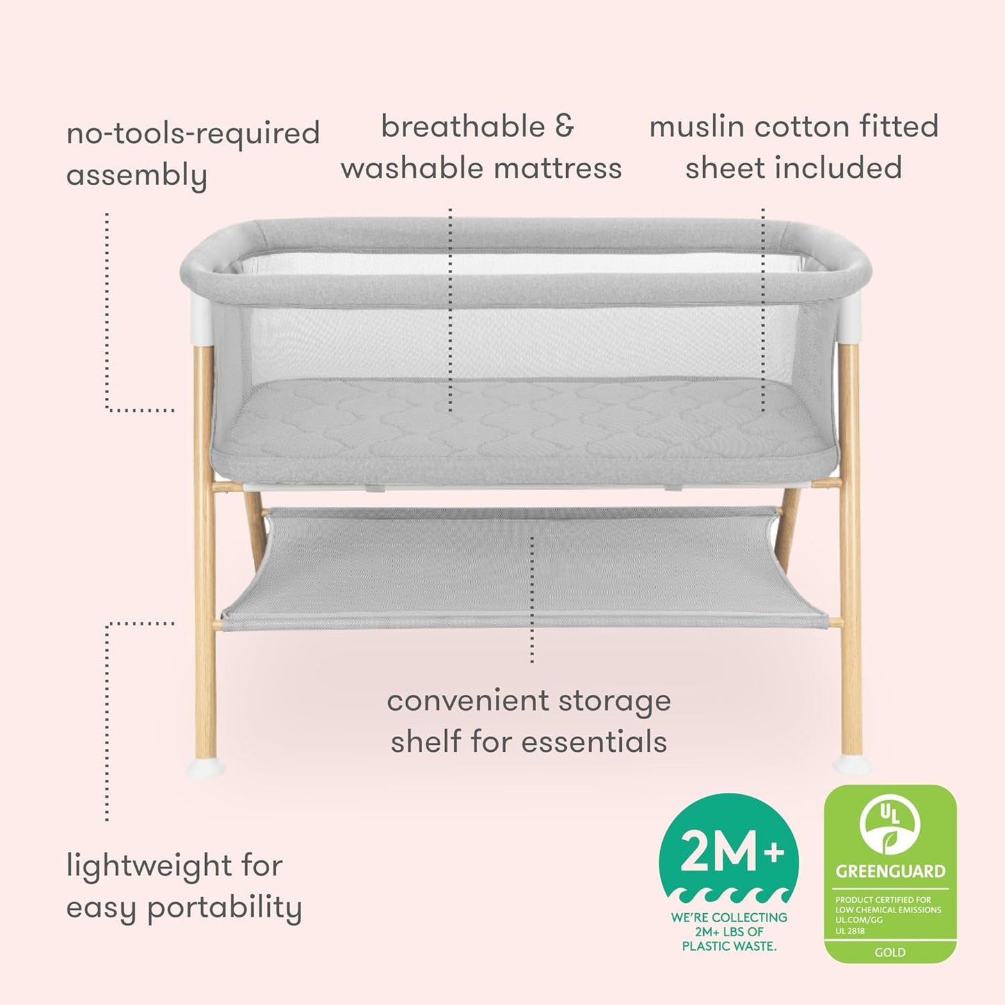 Newton Baby Bassinet & Bedside Sleeper with Mattress & Sheet - Ultra-Breathable & Completely Washable, Removable Dual-Layer Cover | Wood Frame | Adjustable Height & Infant Access Opening