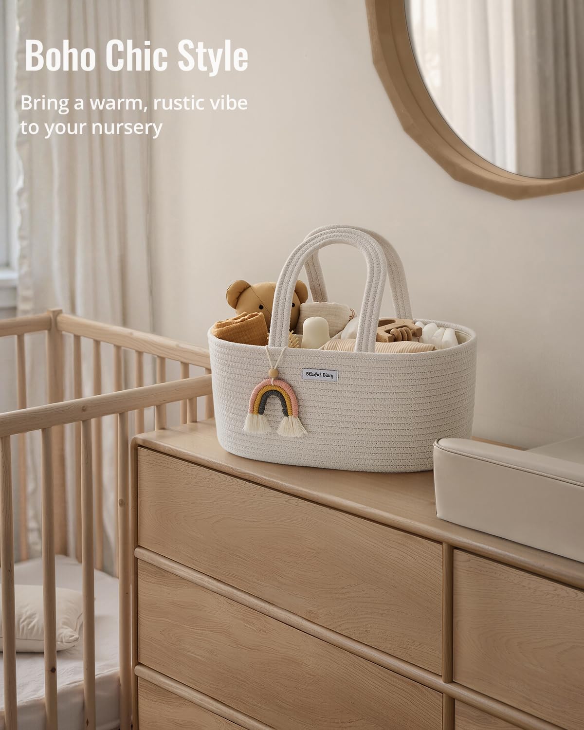 Blissful Diary Baby Diaper Caddy Organizer, Cotton Rope Diaper Caddy Basket, Large Storage Basket for Newborn Boys and Girls, Gift for Baby Shower List, Newborn Essentials, Earthy Rainbow