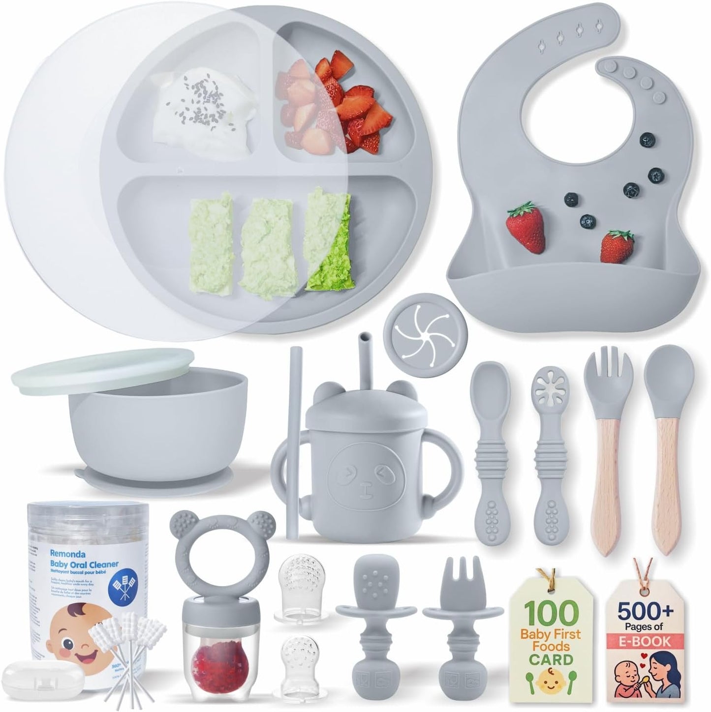 Remonda 23-Piece BPA-Free Silicone Baby Feeding Set | Extra Large Suction Plates, Toddler Bowls, Self Feeding Spoons, and More | Dishwasher Safe| Baby Led Weaning Supplies (Green）01