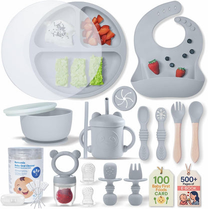 Remonda 23-Piece BPA-Free Silicone Baby Feeding Set | Extra Large Suction Plates, Toddler Bowls, Self Feeding Spoons, and More | Dishwasher Safe| Baby Led Weaning Supplies (Green）01