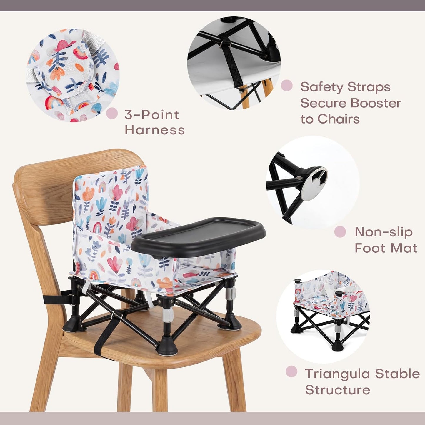 Booster Seat for Kitchen Chair with Removable Tray, Portable Foldable Baby Chair for Babies 6-36 Months, Indoor Outdoor Toddler Camping Chair (Pink Floral Design)
