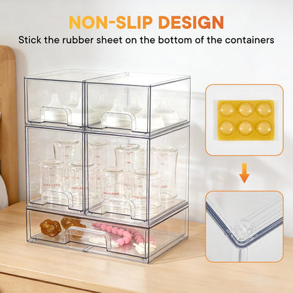 Baby Bottle Organizer, 4 Pack Clear Space-Saving Stackable Drawer with Handle, Baby Bottle Storage Organizer for Countertop and Cabinet