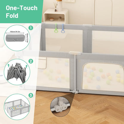 Foldable Playpen for Babies and Toddlers, 51" Portable Play Pen with Mat and Ocean Balls, Play Yard with with Visible Mesh for Inddor and Outdoor, No Assembly Required, Dark Gray