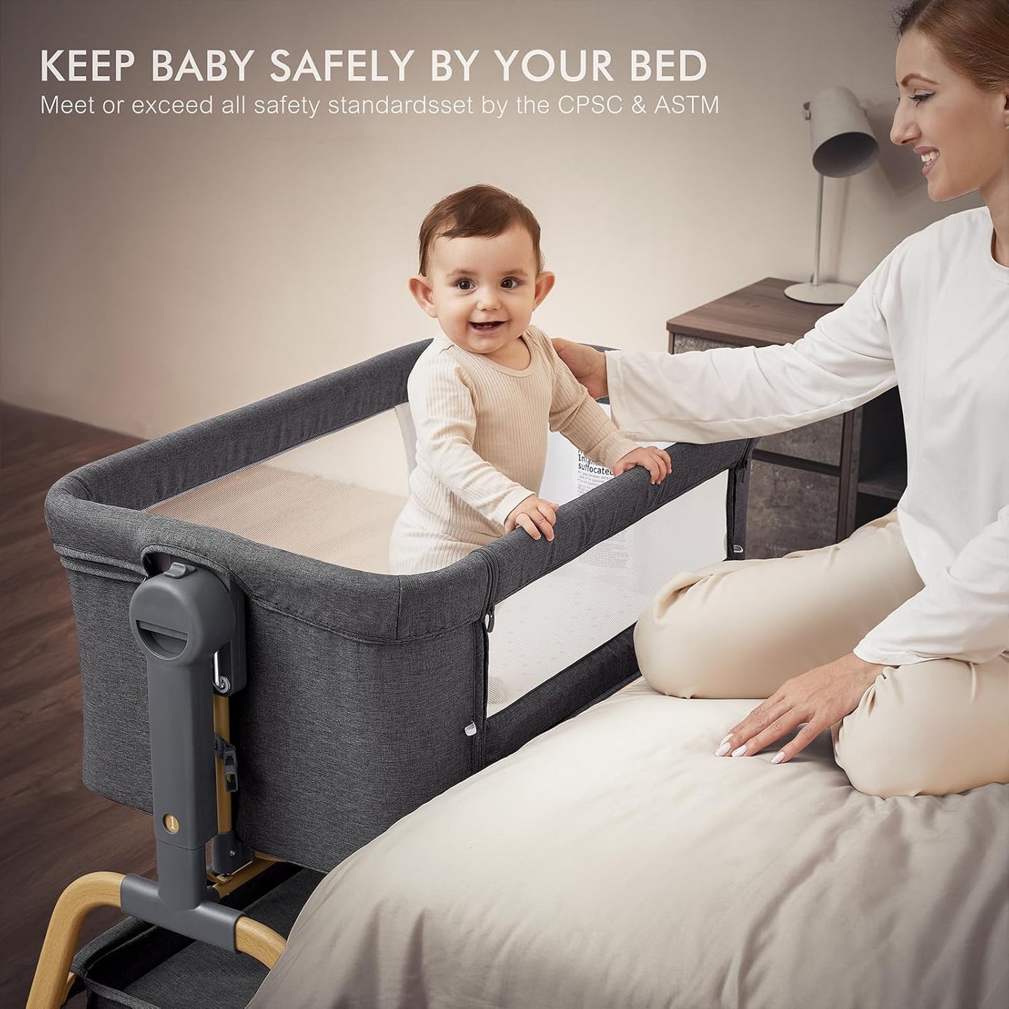ANGELBLISS 3 in 1 Baby Bassinet, Rocking Bassinets Bedside Sleeper with Comfy Mattress and Wheels, 6 Height Adjustable Easy Folding Portable Bedside Crib for Newborn Infant (Khaki)
