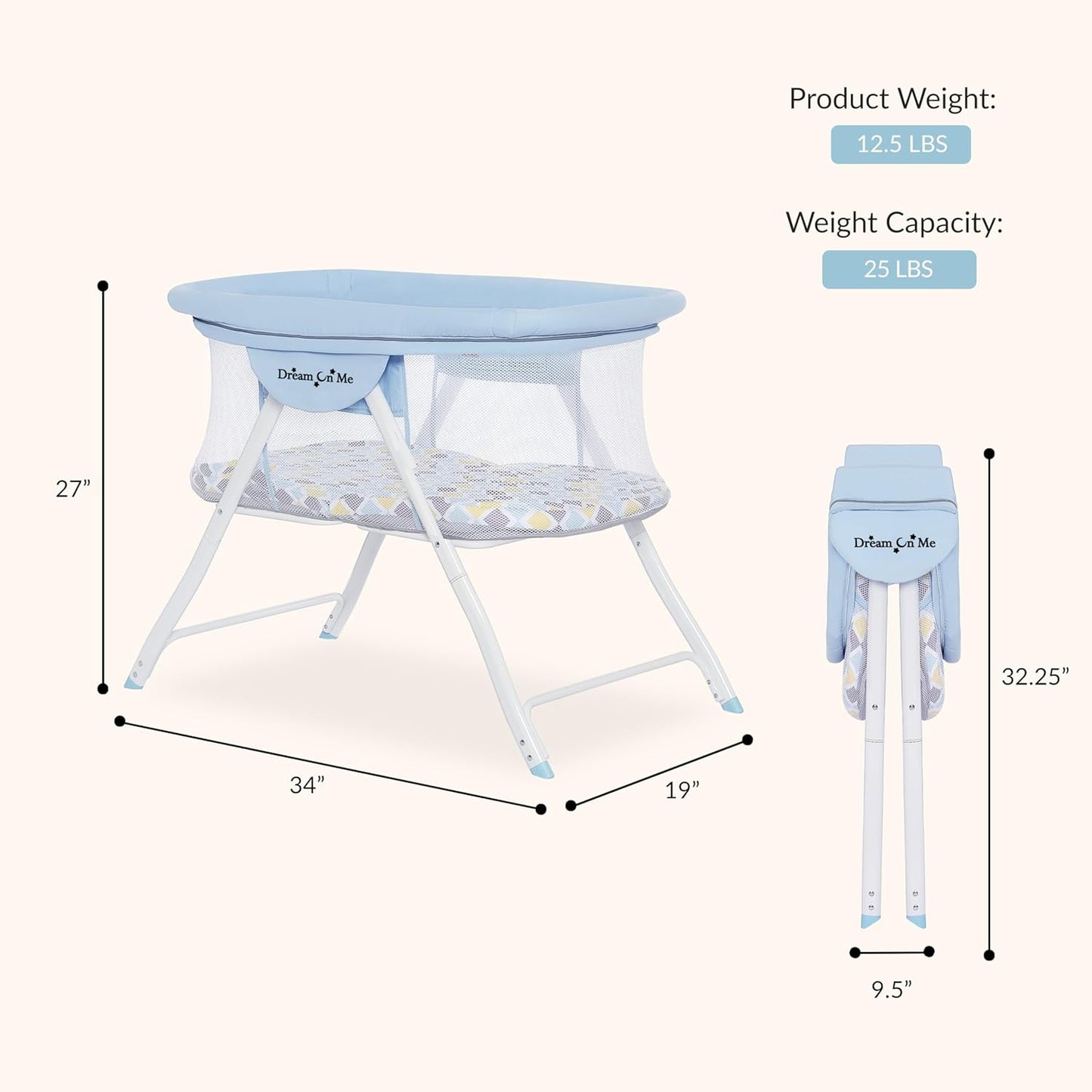 Dream On Me Poppy Traveler Portable Baby Bassinet, Breathable Mesh Airflow Panels, Compact and Lightweight, Quick Fold Travel Friendly Design, Anti-Slip Legs, Travel Bag and Mattress Included- Blue