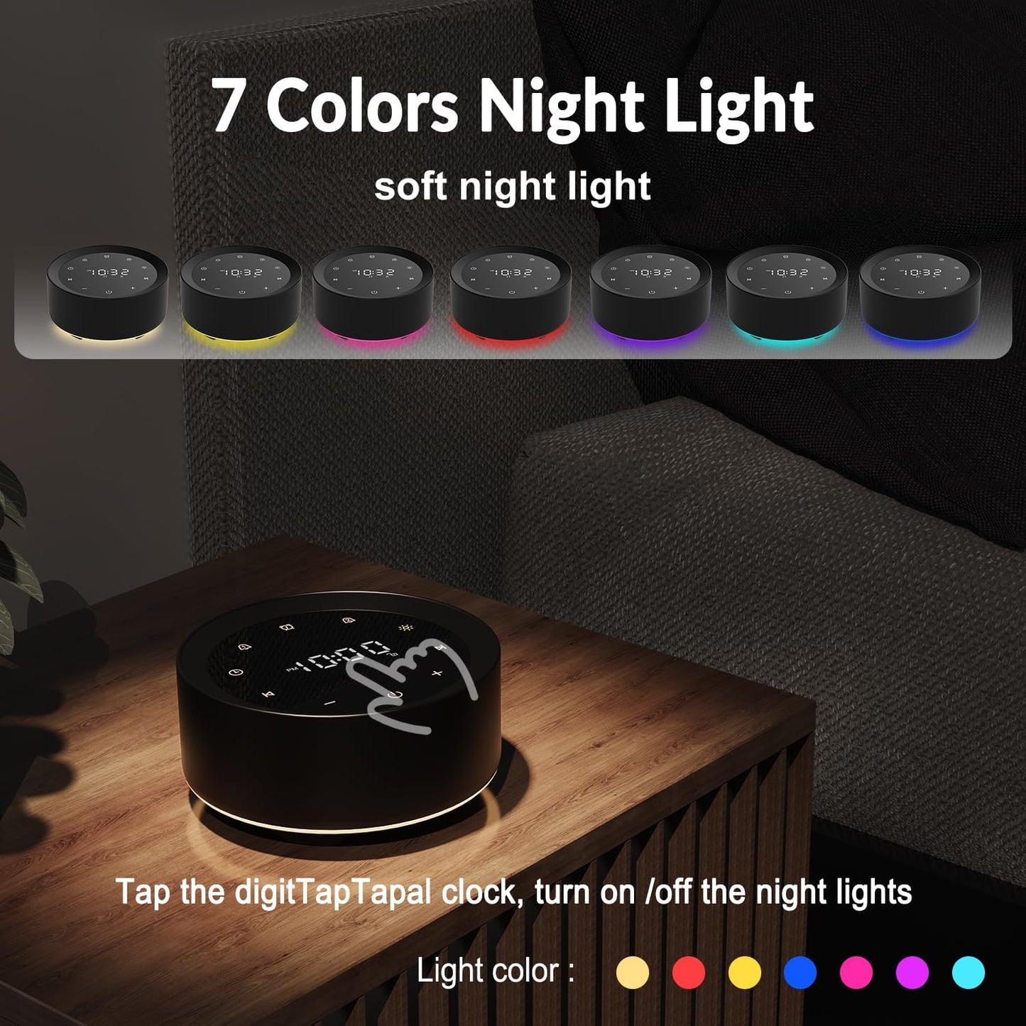 White Noise Machine with Alarm Clock & Night Light for Babies and Adults, 20 Soothing Sounds, Glare-Free Upward Display, Touch Control, Memory Function, 5 Sleep Timers, Black