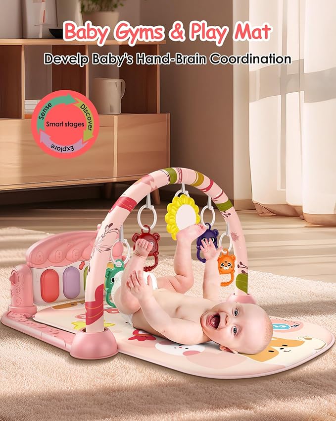 dearlomum Baby Play Gym Mat with 4-Key Musical Piano, Lights, Sounds & Hanging Toys for Tummy Time and Sensory Development, Infants to Toddlers (Pink Animal Theme)