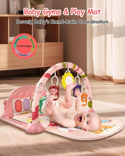 dearlomum Baby Play Gym Mat with 4-Key Musical Piano, Lights, Sounds & Hanging Toys for Tummy Time and Sensory Development, Infants to Toddlers (Pink Animal Theme)