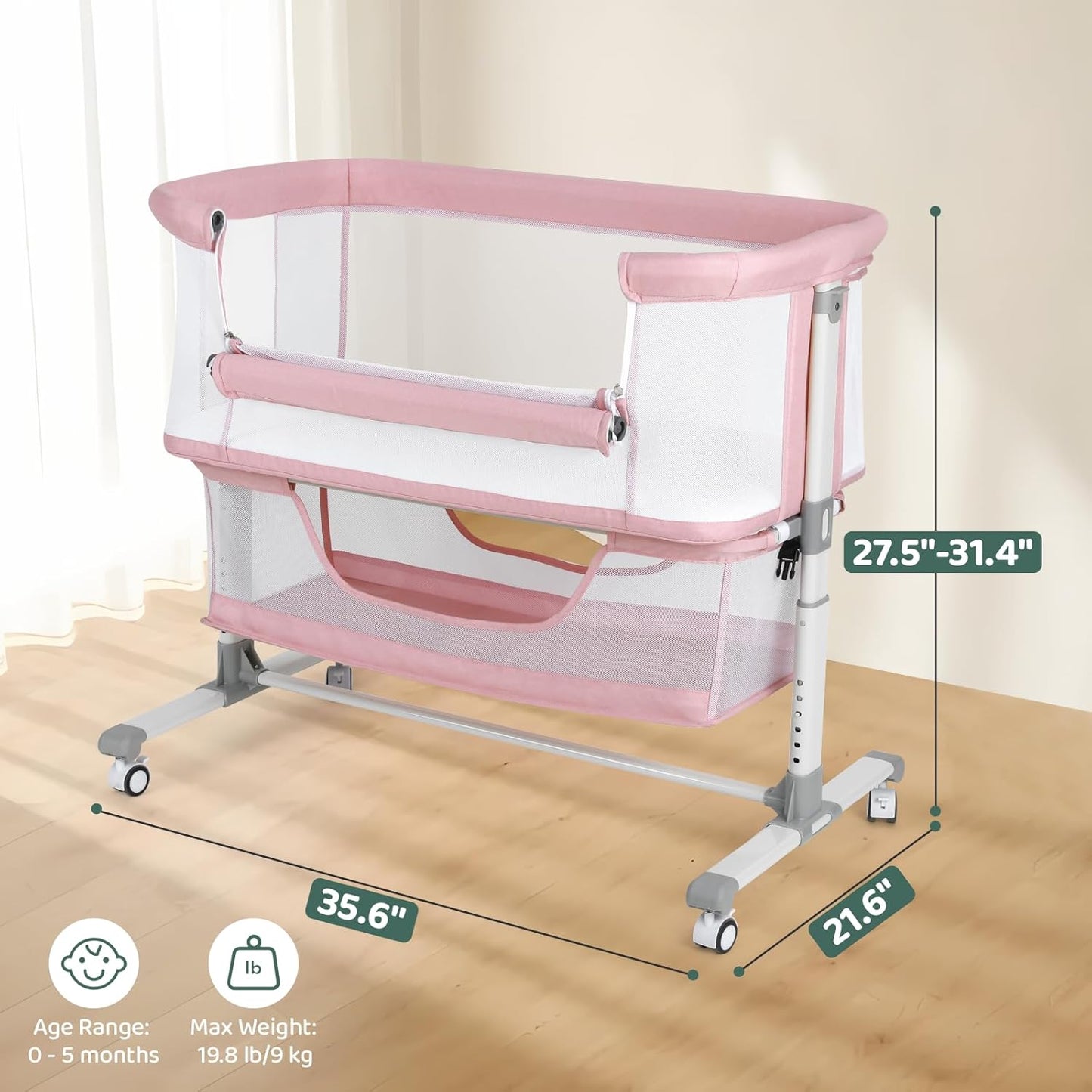 Cowiewie Bassinet Bedside Sleeper, Portable, Breathable, Adjustable Baby Bedside Bassinet for Peaceful Nights, Light Grey