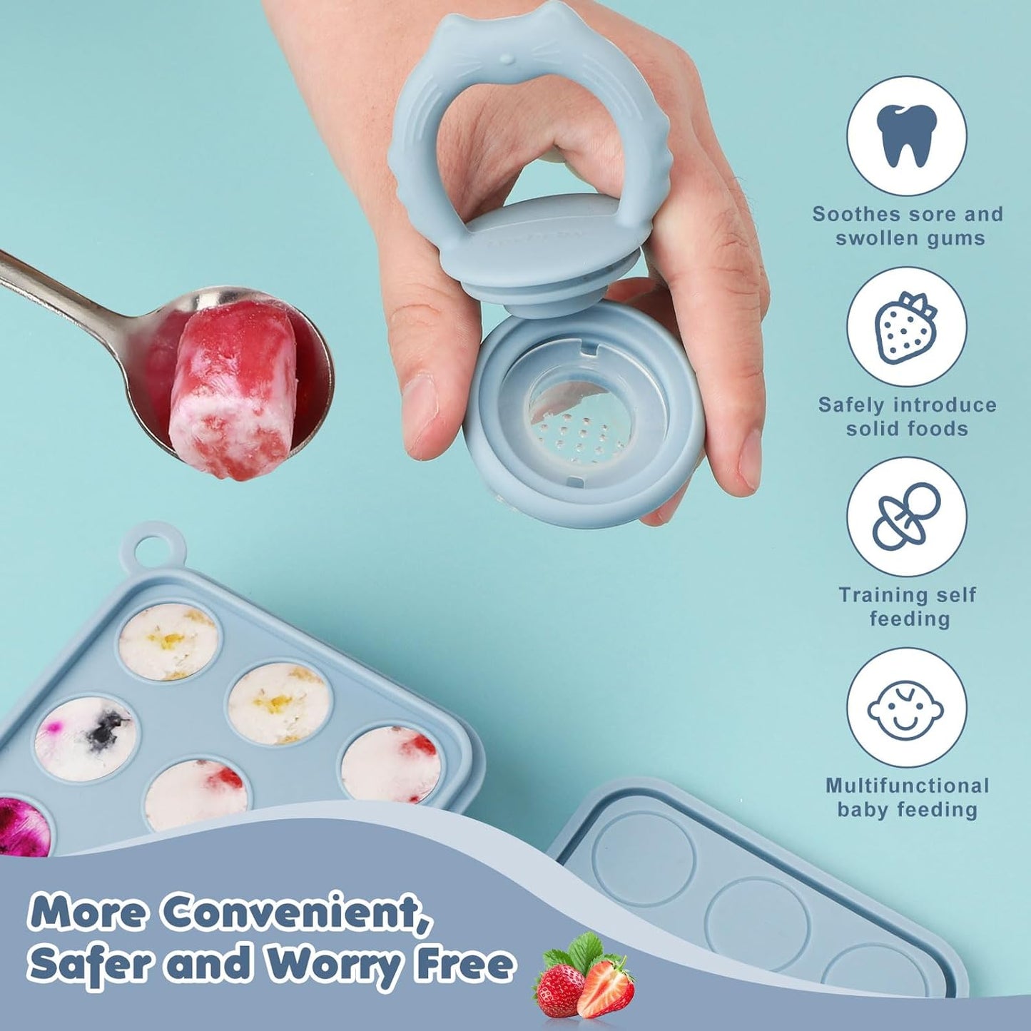 Baby Fruit Food Feeder Breastmilk Popsicle Molds, Silicone Food Freezer Tray for Cooling Teething Relief, Baby Food Feeder for Safe Infant Self Feeding, Includes 3 Extra Food Pacifier