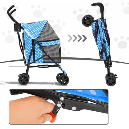 MoNiBloom 4 Wheels Pet Stroller, Easy-Fold Puppy Cage Jogger Stroller with Sun Cover, Pad and Rear Storage Bag, Breathable and Visible Mesh for Small/Medium Pets up to 22 lbs, Black