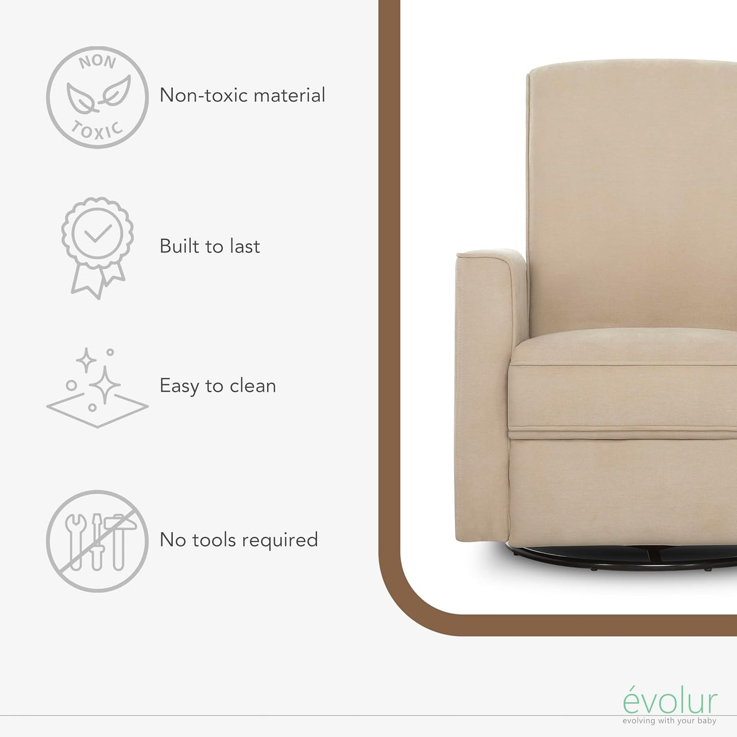 Evolur Raleigh Upholstered Manual Glider Recliner– Rocking & 360° Swivel with Smooth Glide – Greenguard Gold & FSC Certified – Modern Nursery and Living Room Chair in Light Sand