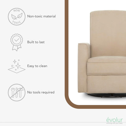 Evolur Raleigh Upholstered Manual Glider Recliner– Rocking & 360° Swivel with Smooth Glide – Greenguard Gold & FSC Certified – Modern Nursery and Living Room Chair in Light Sand