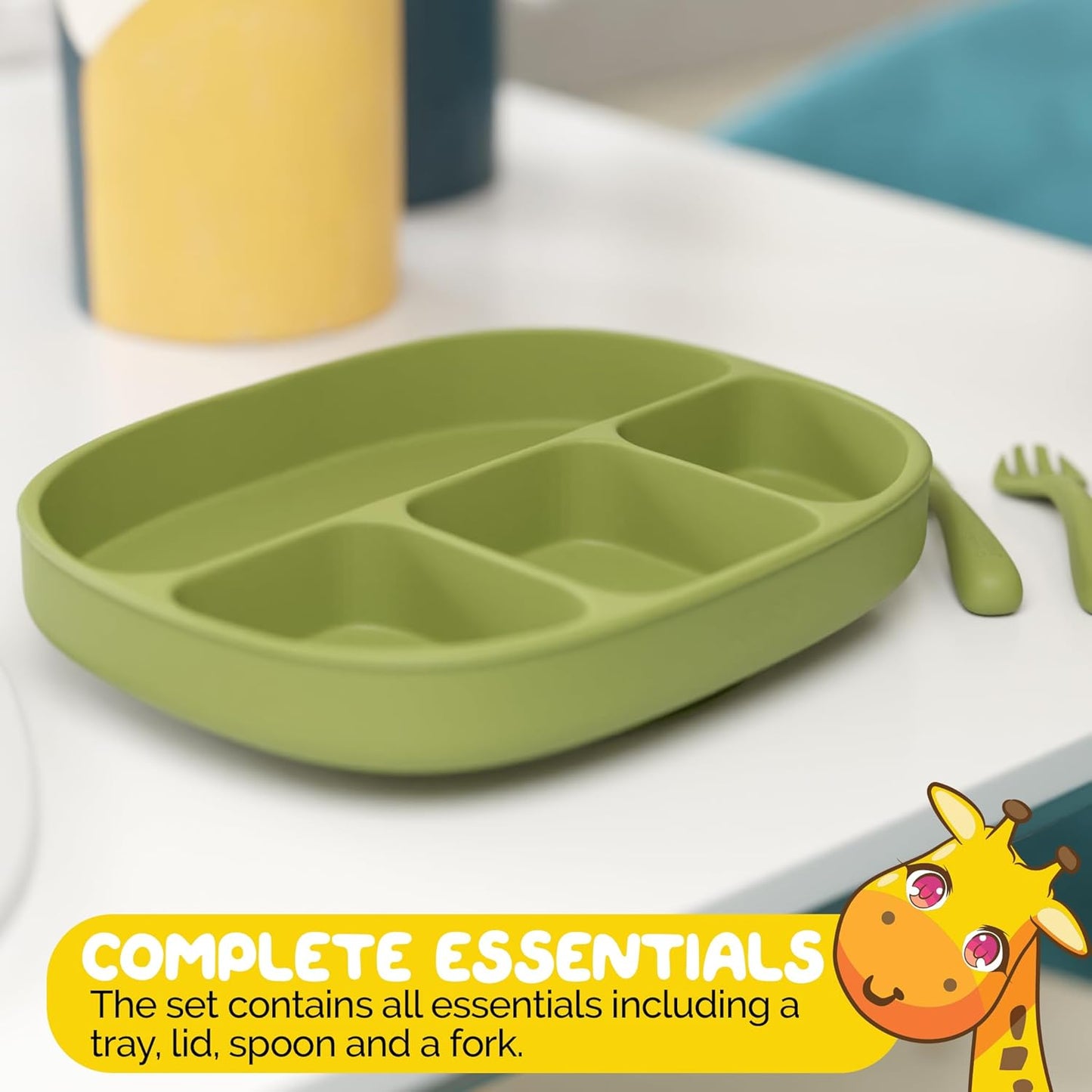 Toddler Necessities Baby Feeding Essentials Set for Baby in Green Color with Baby plates with Suction and Silicone Utensil Set - (3 Pieces)