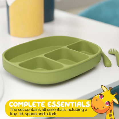 Toddler Necessities Baby Feeding Essentials Set for Baby in Green Color with Baby plates with Suction and Silicone Utensil Set - (3 Pieces)