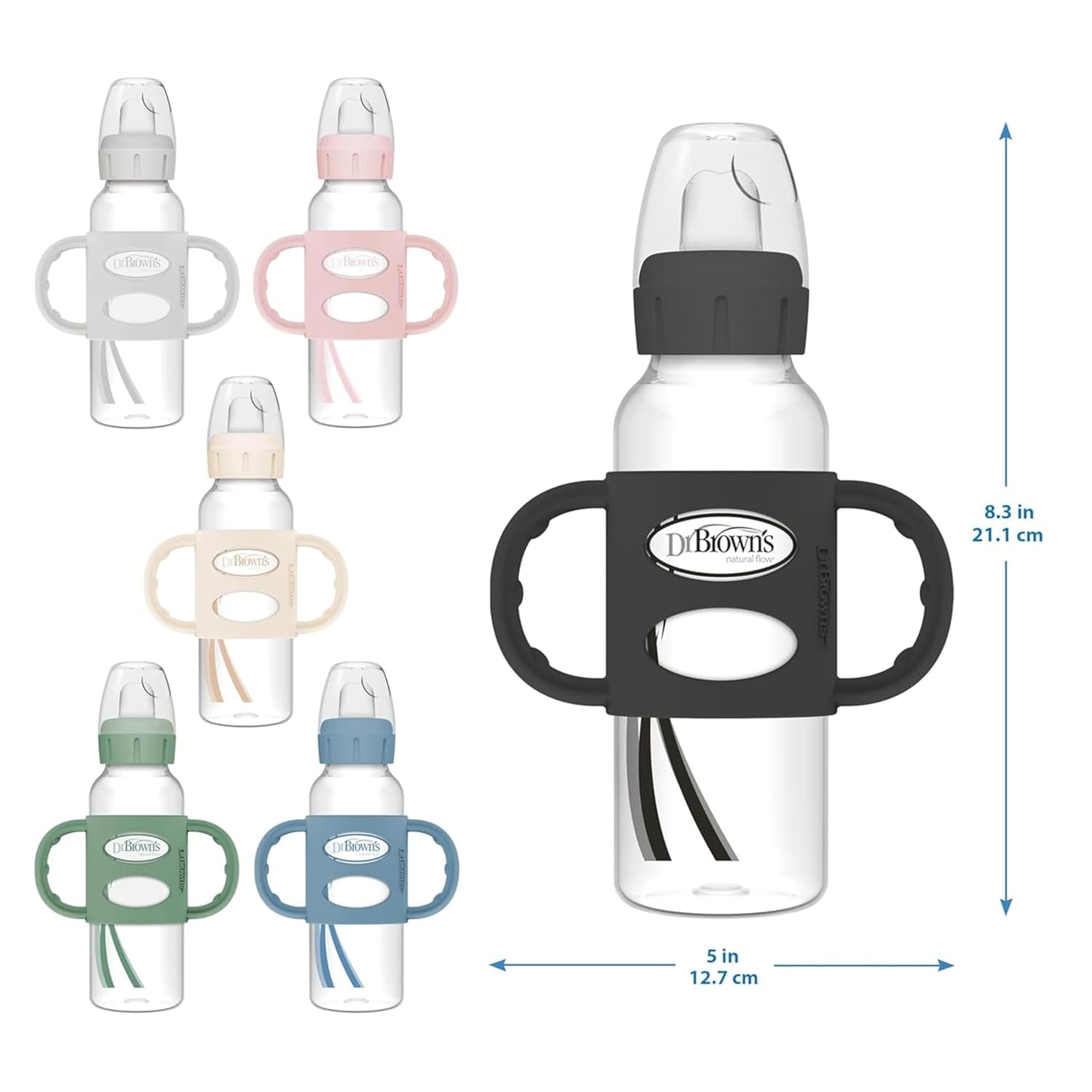 Dr. Brown's Milestones Narrow Sippy Spout Bottle with 100% Silicone, Easy-Grip Handles and Soft Sippy Spout, 8oz/250mL, Light Pink and Ecru, 2-Pack, 6m+