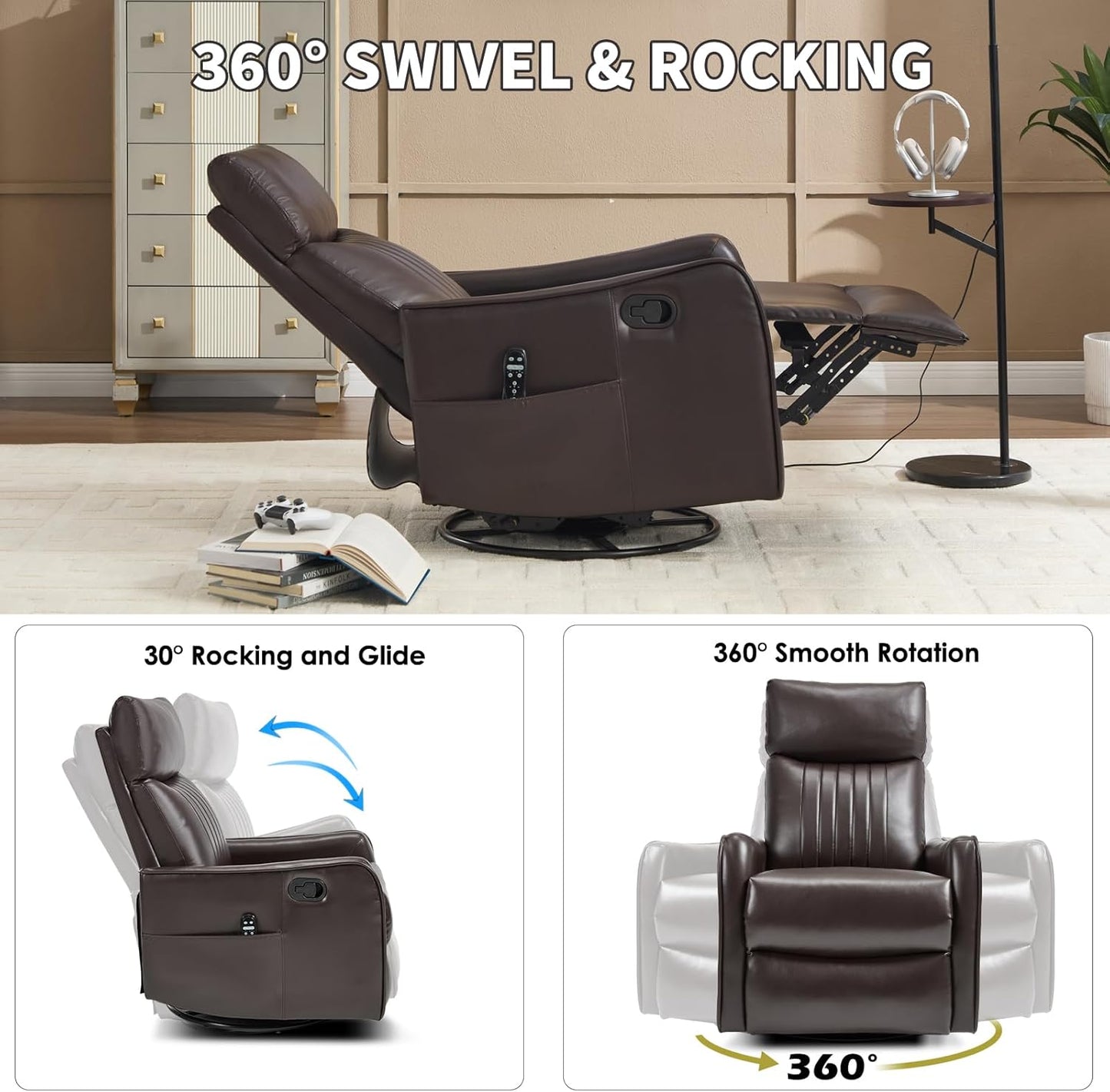 Trustyue Swivel Rocker Recliner Chair, 360° Swivel Recliner with Heat and Massage, Rocker Recliner Nursery Glider Chair with Side Pockets for Living Room (Beige, Fabric)