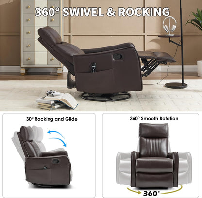 Trustyue Swivel Rocker Recliner Chair, 360° Swivel Recliner with Heat and Massage, Rocker Recliner Nursery Glider Chair with Side Pockets for Living Room (Beige, Fabric)