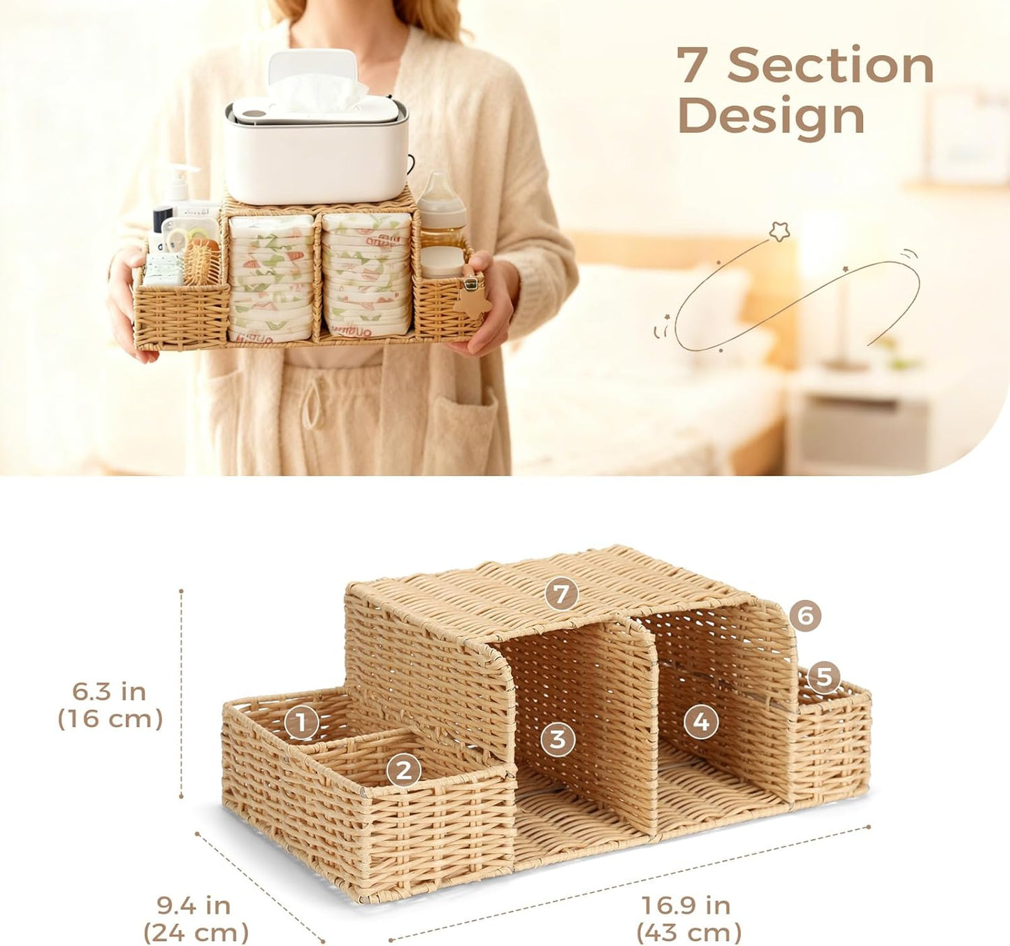 Diaper Caddy Organizer, Hand Rattan Nursery Storage Basket for Baby Essentials, Baby Changing Table Organizer Perfect Nursery Assistant (Natural Light Woven - Style 1, M)