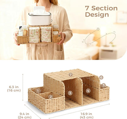 Diaper Caddy Organizer, Hand Rattan Nursery Storage Basket for Baby Essentials, Baby Changing Table Organizer Perfect Nursery Assistant (Natural Light Woven - Style 1, M)