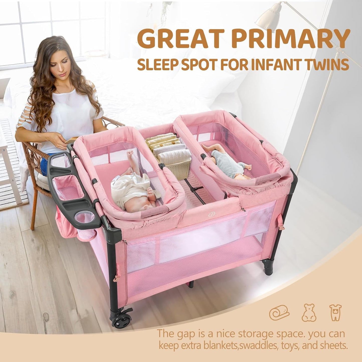JOYMOR Twin Bassinet for Baby, Beige Bedside Bassinet, Convertible to Bedside Sleeper and Playpen, with Wheel, Brake, Foldable Side Sleeper,Beige