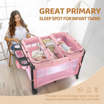 JOYMOR Twin Bassinet for Baby, Beige Bedside Bassinet, Convertible to Bedside Sleeper and Playpen, with Wheel, Brake, Foldable Side Sleeper,Beige