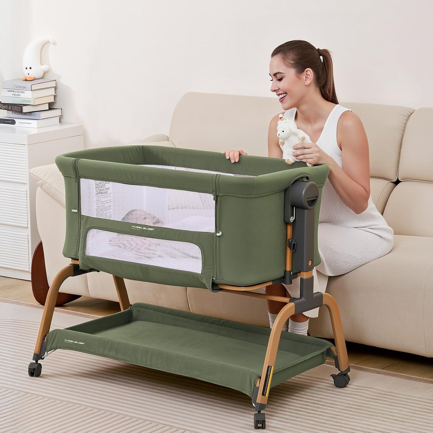 ANGELBLISS 3 in 1 Baby Bassinet, Rocking Bassinets Bedside Sleeper with Comfy Mattress and Wheels, 6 Height Adjustable Easy Folding Portable Bedside Crib for Newborn Infant (Khaki)