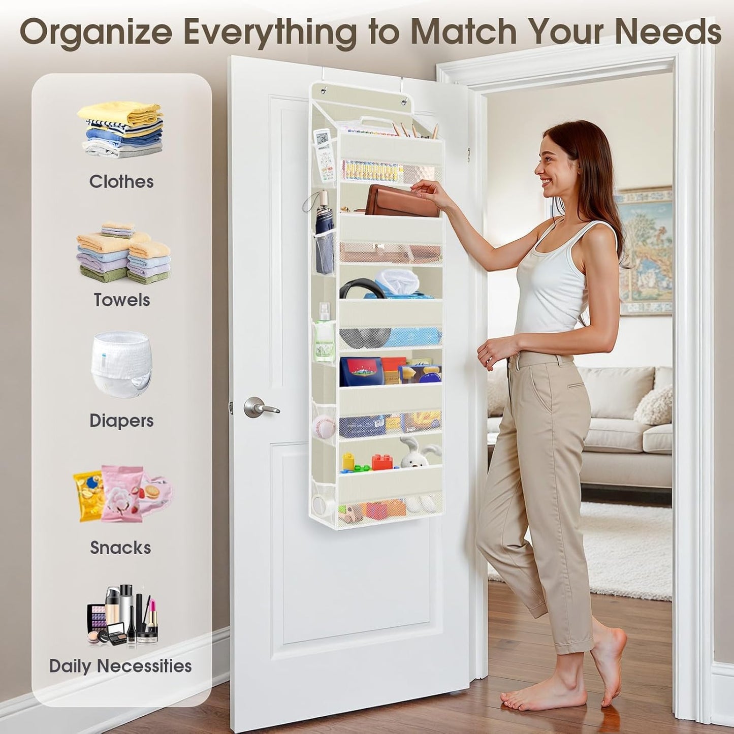 SpaceHacks 1 Pack Over The Door Organizer, Hanging Storage Organizer with Clear Window, 40lb Ultra Sturdy Large Capacity Room Organizer for Pantry Laundry Bathroom Nursery Closet Baby Essential (Grey)