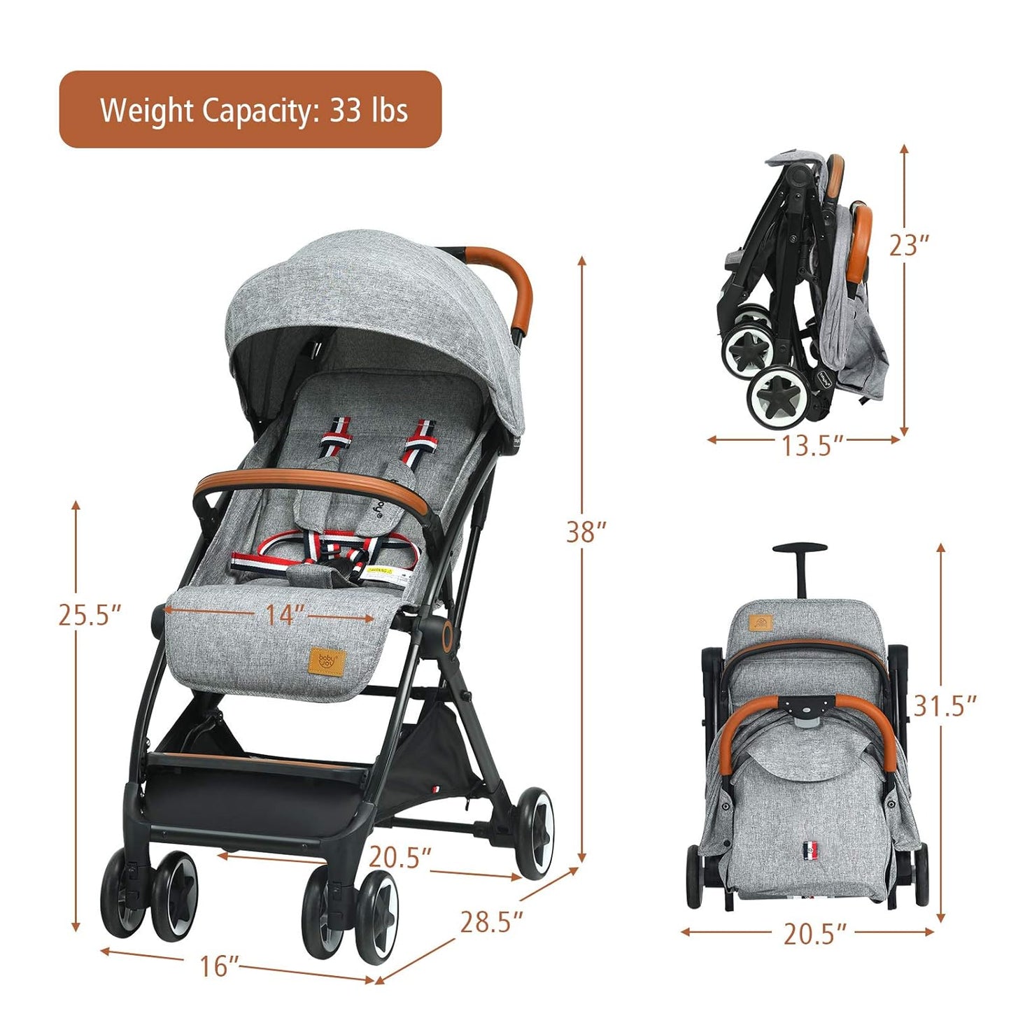 BABY JOY Lightweight Baby Stroller, Compact Toddler Travel Stroller for Airplane, Infant Stroller w/ 5-Point Harness, Adjustable Backrest/Footrest/Canopy, Storage Basket, Easy One-Hand Fold, Beige