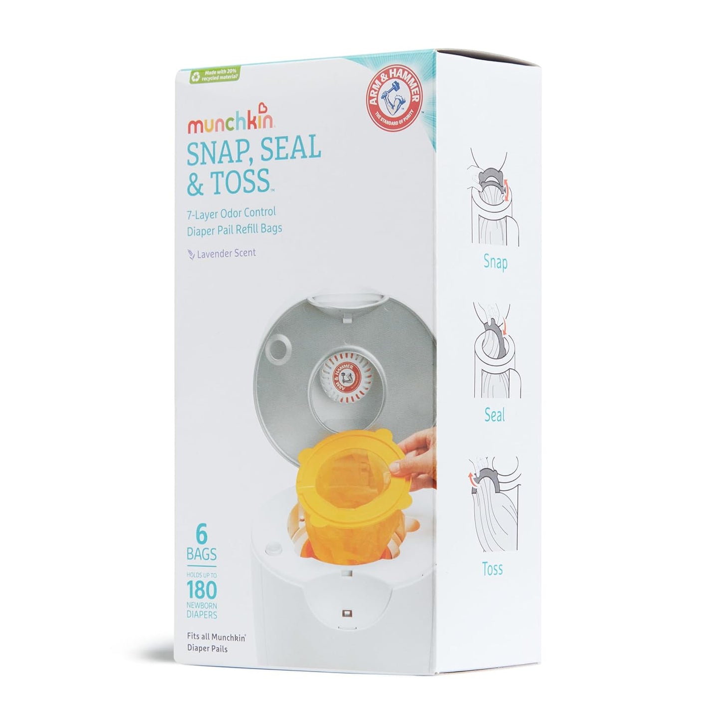 Munchkin® Arm & Hammer Diaper Pail Snap, Seal & Toss™ Refill Bags, Holds up to 600 Newborn Diapers, 20 Pack