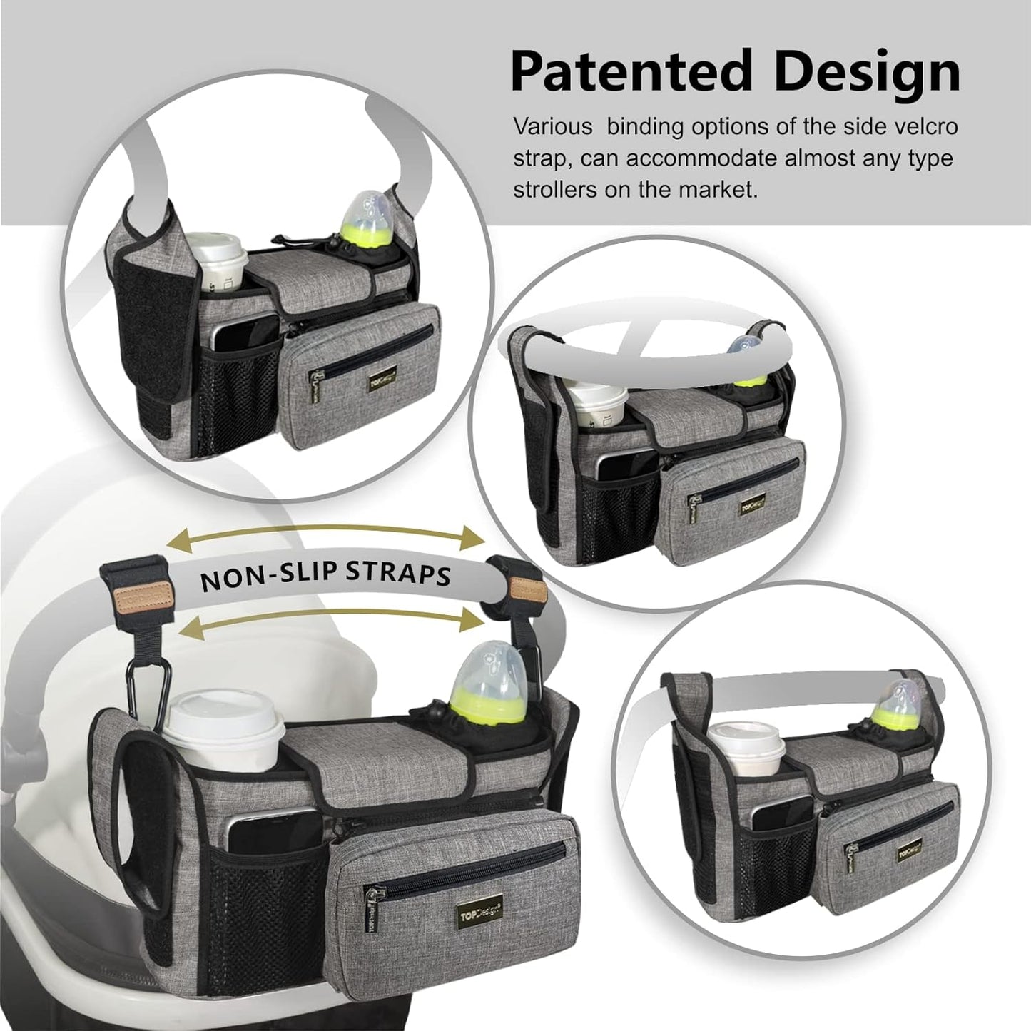 TOPDesign Universal Baby Stroller Organizer, Stroller Caddy with Detachable Mesh Bag & Heightened Insulated Cup Holders & Non-Slip Secure Hooks Accessories, Fits Most Strollers (Checkerboard) - Colors A