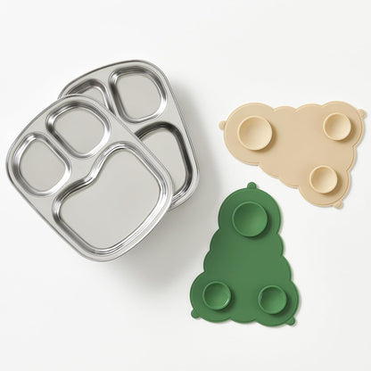Stainless Steel Divided Toddler Plates with Dual Suction, Premium Korean 304 Steel, Electro-Polished, No Black Residue, Baby & Little Kids Food Tray Feeding Set – 2 Plates + 2 Bases (Sage & Sand)