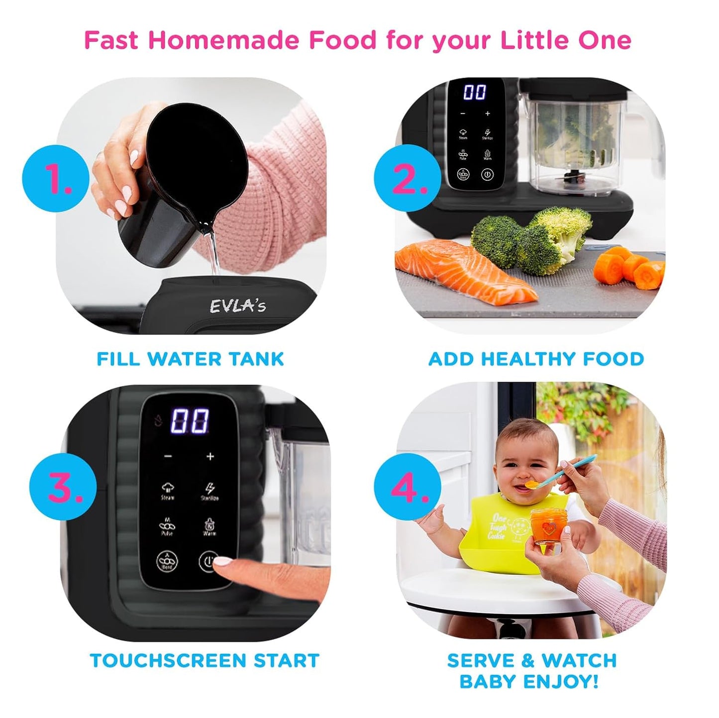 EVLA'S Baby Food Maker, Steamer, Blender, Baby Food Processor for Healthy Homemade Baby Food in Minutes, Touch Screen with 6 Reusable Food Pouches, Baby Registry Essential, White