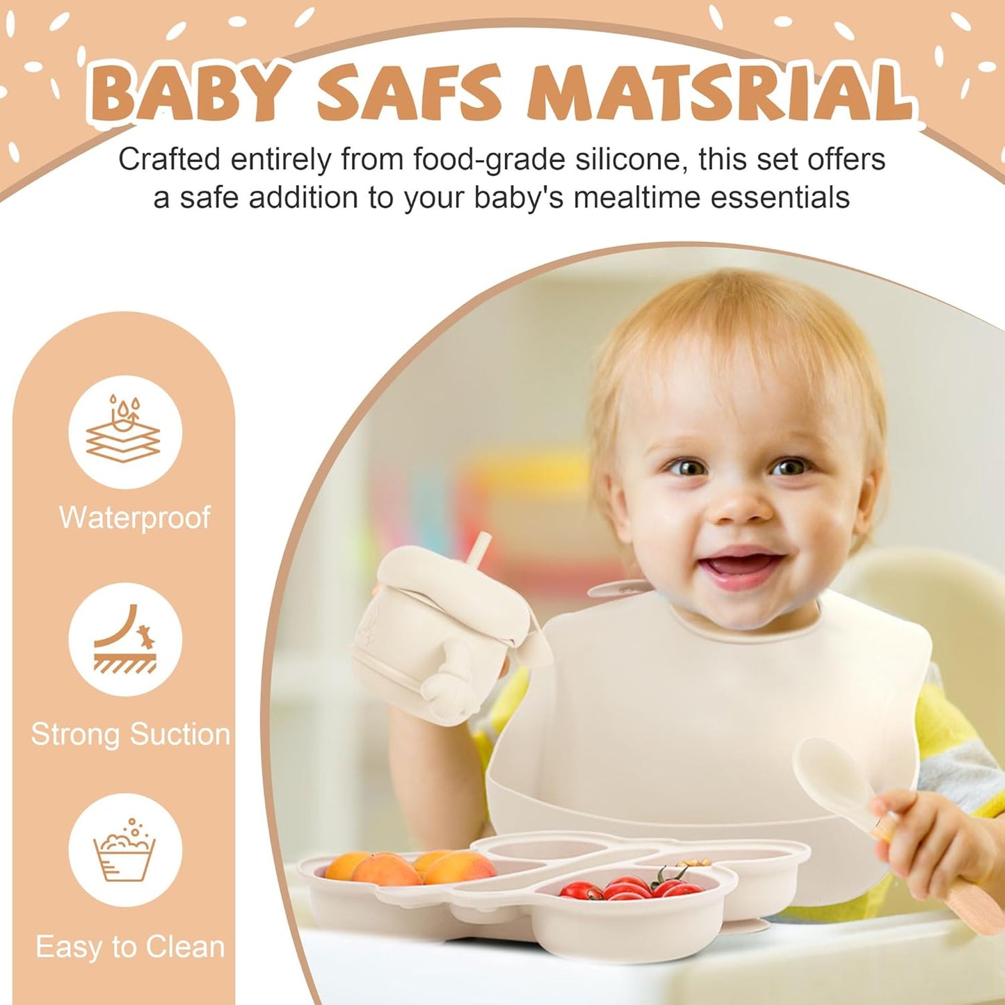 Silicone Baby Feeding Set, Baby Led Weaning Supplies, Baby Food Tableware Silicone Suction Plate, Bowl, Spoons, Fork, Waterproof Bib, Cup & Complementary Food Cake Mold, Baby Eating Utensils