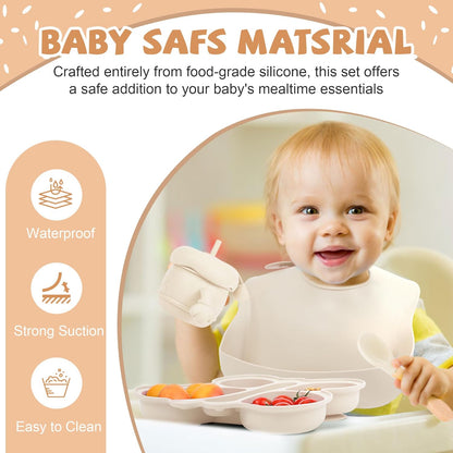 Silicone Baby Feeding Set, Baby Led Weaning Supplies, Baby Food Tableware Silicone Suction Plate, Bowl, Spoons, Fork, Waterproof Bib, Cup & Complementary Food Cake Mold, Baby Eating Utensils