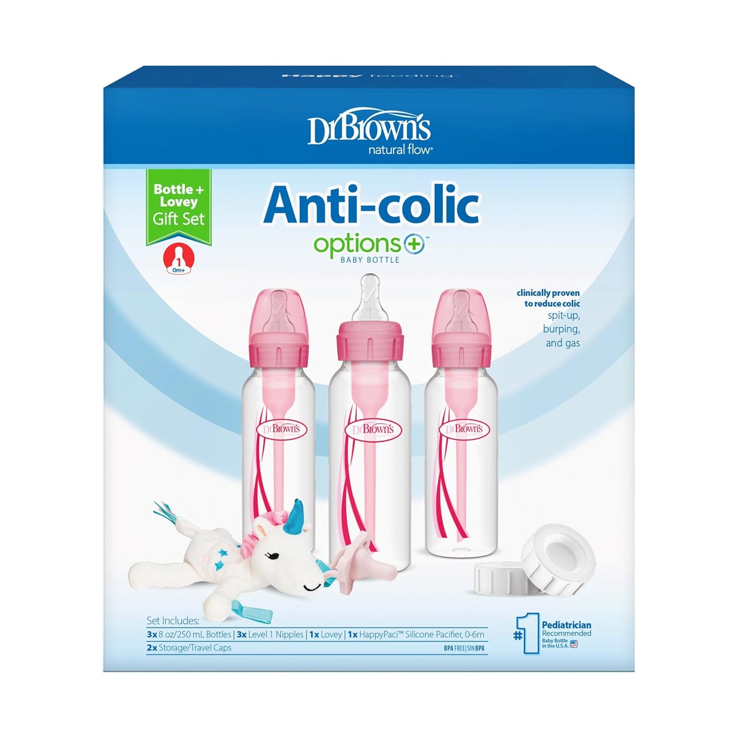 Dr. Brown’s Anti-Colic Options+ Narrow Baby Bottles, 0m+ Level 1 Nipple - Baby Bottle to Reduce Colic (3 Pack), Purple 8 oz