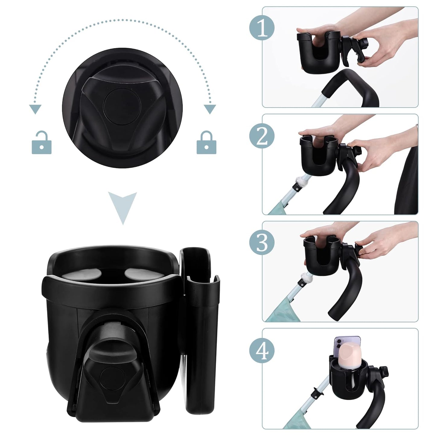 Suranew Adjustable Stroller Cup Holder with Phone Holder for Baby Stroller for Family Members, Walker Purple