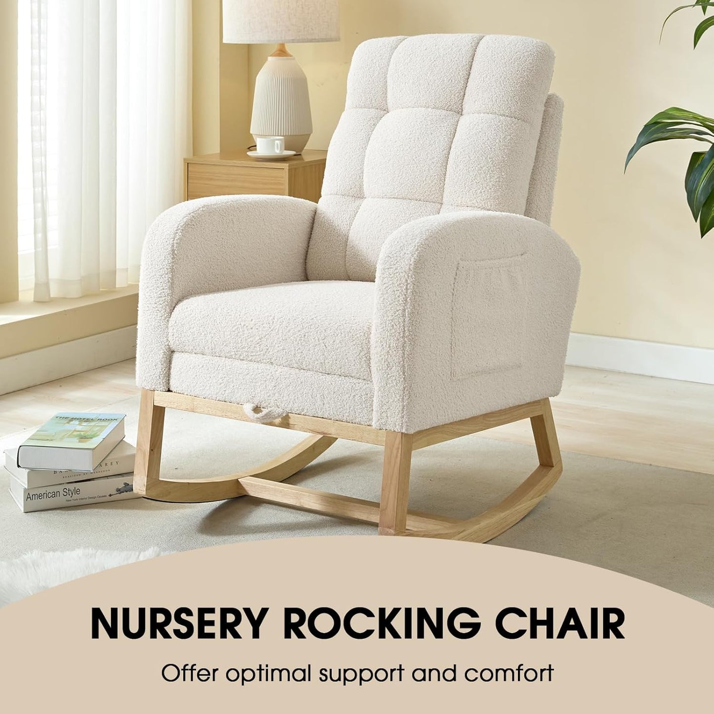 NIOIIKIT Modern Nursery Rocking Chair, Teddy Upholstered Rocking Chair with Footrest, Comfortable Rocker Recliner with Side Pocket, Rocker Glider for Living Room, Bedroom, Nursing Room (Apricot)